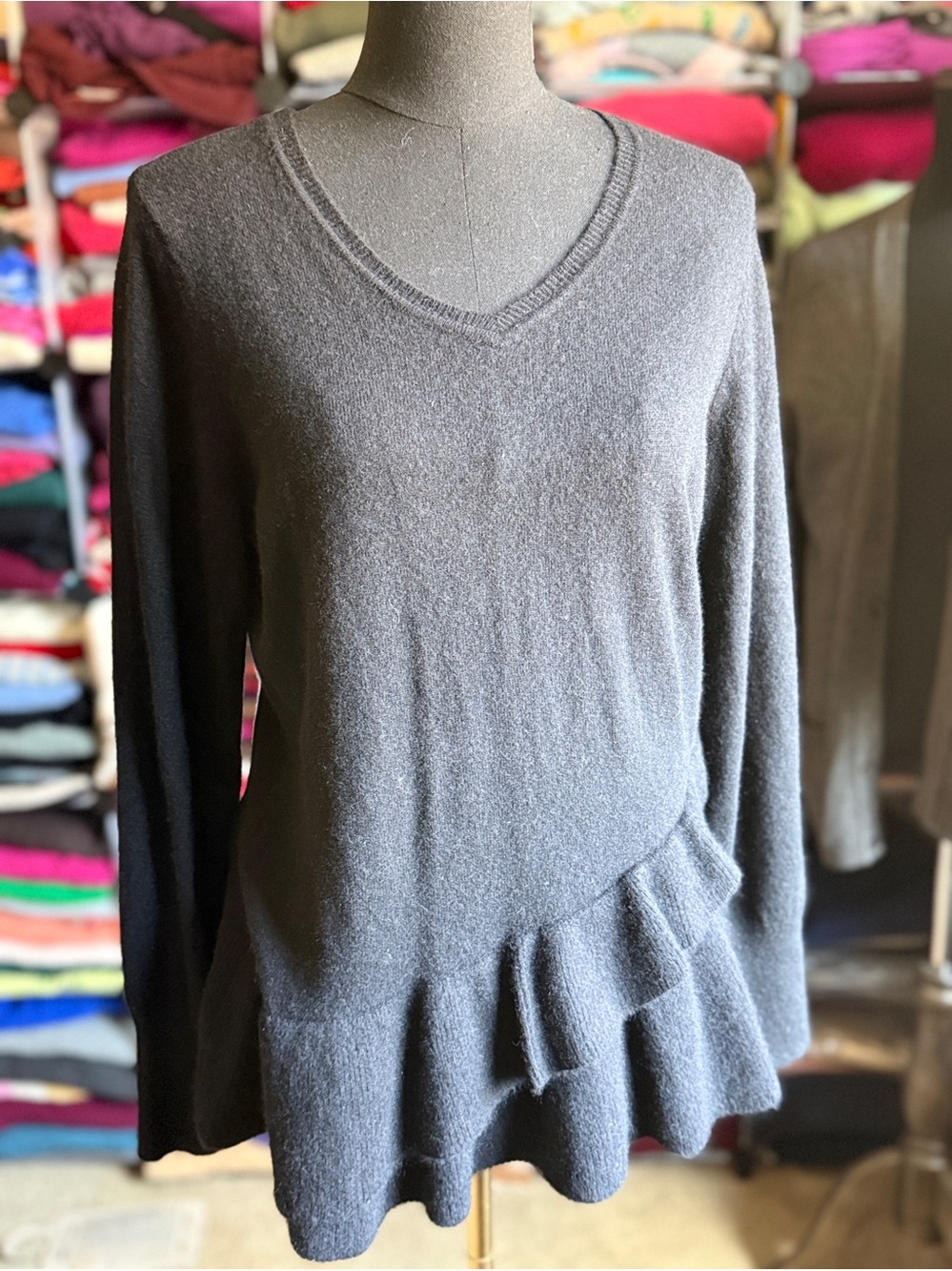 Women’s Black V-Neck Ruffle Hem Sweater